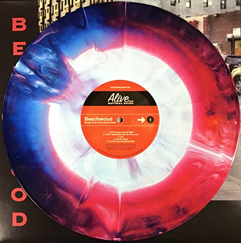 Starburst vinyl record with red, white, and blue swirling patterns.