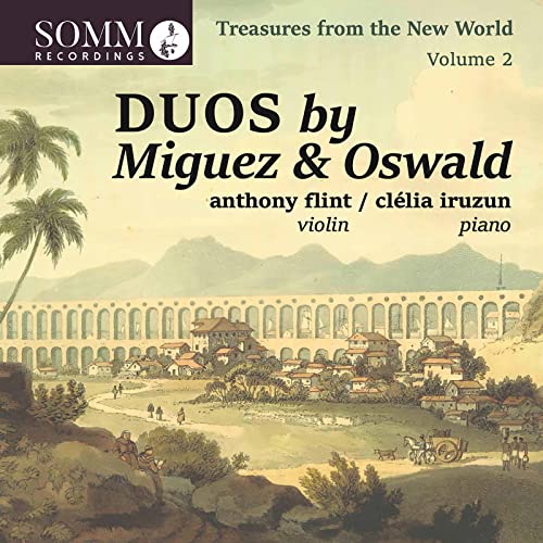 CD cover: landscape painting with musicians, text “DUOS by Miguez & Oswald”.