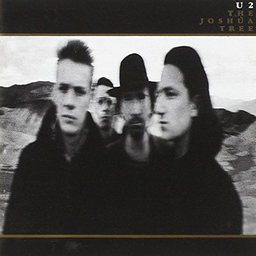 Black and white portrait of the band U2 in a desert landscape.