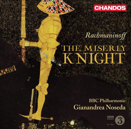 CD cover for Rachmaninoff’s “The Miserly Knight” featuring golden knight illustration.