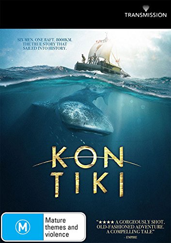Kon-Tiki DVD cover with raft, whale shark, and ocean scene.