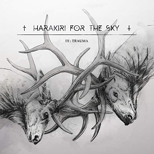 Black and white album cover featuring deer with antlers, text reads "Harakiri For The Sky.