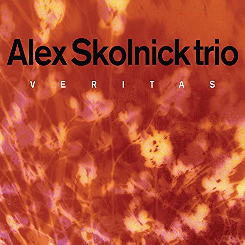 CD cover for Alex Skolnick Trio’s “Veritas” with orange floral background.