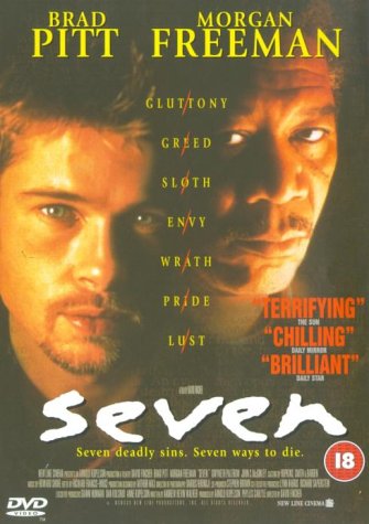 Seven" DVD cover featuring Brad Pitt and Morgan Freeman, dark and dramatic.