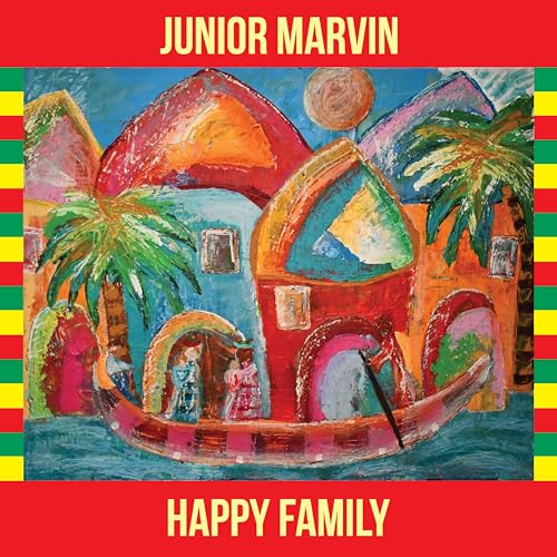 CD cover for Junior Marvin’s “Happy Family” featuring colorful, abstract island scene.