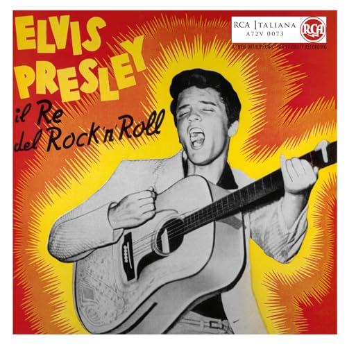 Elvis Presley playing guitar on a red and yellow record sleeve.