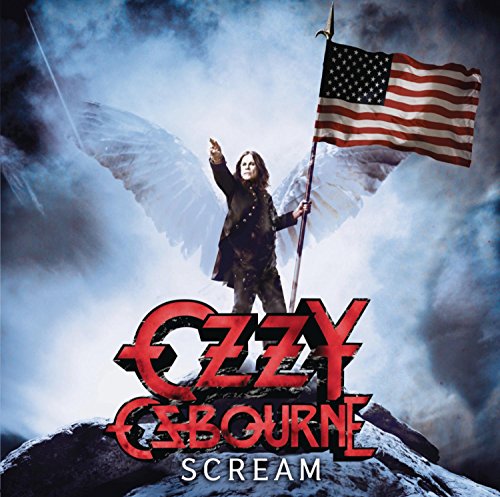 Ozzy Osbourne album cover: man with wings, American flag, stormy sky.