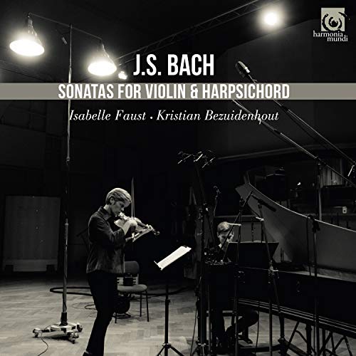 CD cover: violinist and harpsichordist in a recording studio, Bach sonatas.