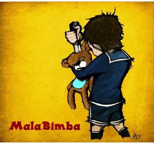 A child in a blue sailor suit stabs a teddy bear against a yellow background.