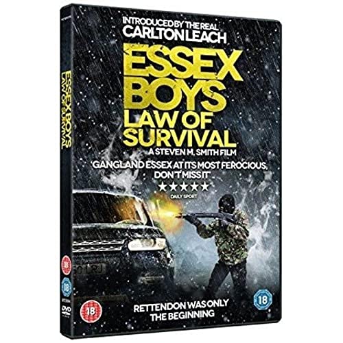 DVD cover for "Essex Boys: Law of Survival" featuring a car and armed figure.