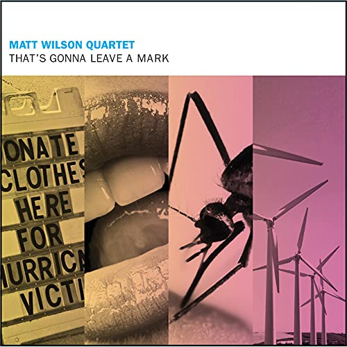CD cover with collage of donation bin, mouth, insect, and wind turbines.