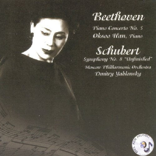 CD cover featuring a woman’s face and musical notation, Beethoven and Schubert composers.