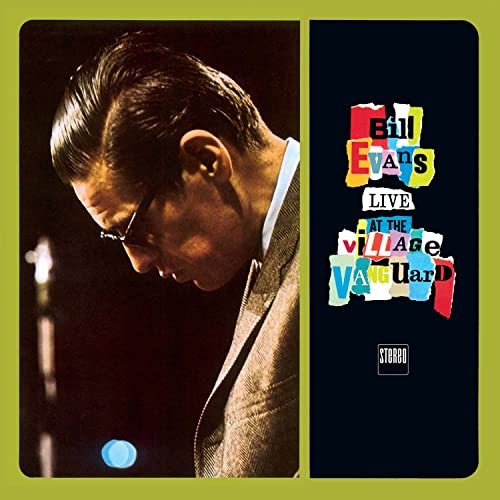 Bill Evans album cover: pianist in profile and colorful text.