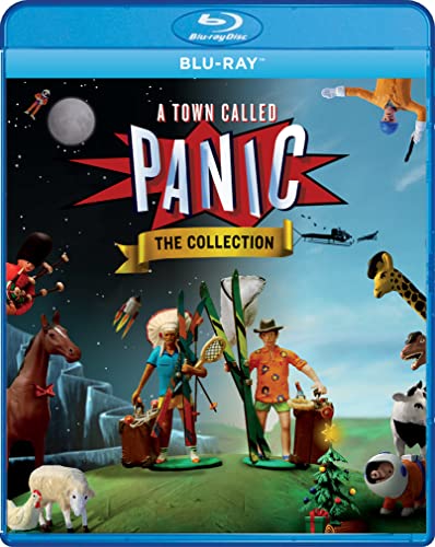 A Town Called Panic" Blu-ray cover with cartoon characters and a moon.
