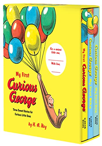 Curious George box set featuring the monkey holding balloons on a yellow background.
