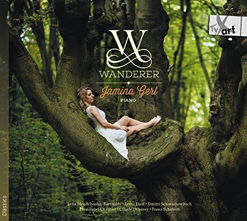 CD cover: Pianist Jamina Gerl seated in a tree, forest background.