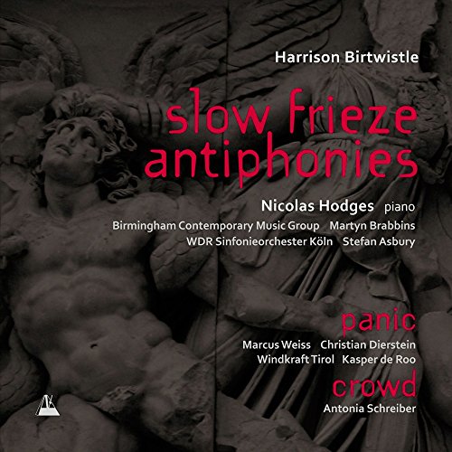 CD cover: stone sculpture fragment with red text, "slow frieze antiphonies.