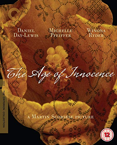 Blu-ray cover for The Age of Innocence featuring a textured, orange floral background.