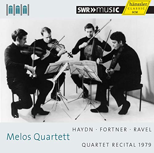 Black and white photo of four musicians playing string instruments.