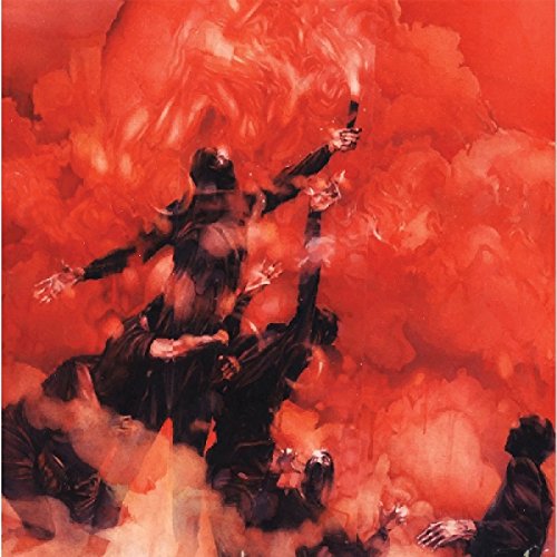 Red abstract painting of figures with raised arms in smoke.