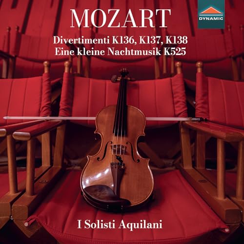 CD cover featuring a violin in a red theater seat, Mozart text.