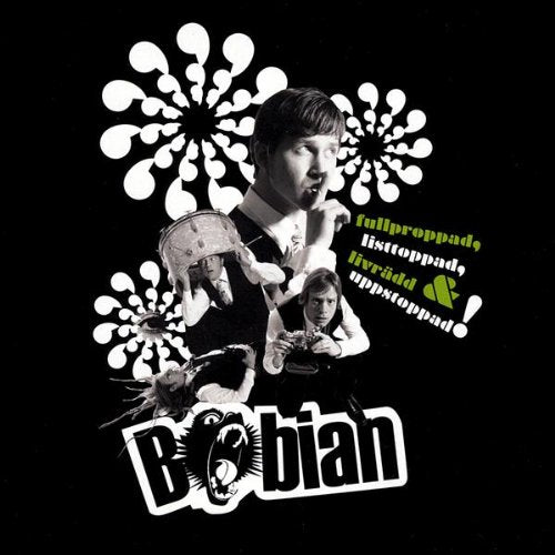 Black and white album cover featuring musicians with stylized graphics.