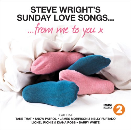 CD cover with tangled pink and blue socks on a white sheet.