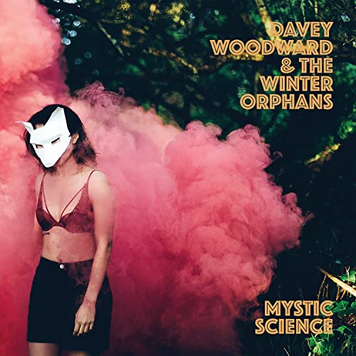 Person in mask amidst pink smoke, album cover for Davey Woodward.
