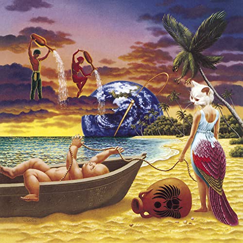 Surreal album cover featuring figures, a cat, and a beach scene.