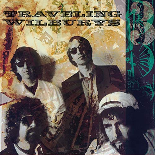 Traveling Wilburys album cover featuring portraits of four men with sunglasses.
