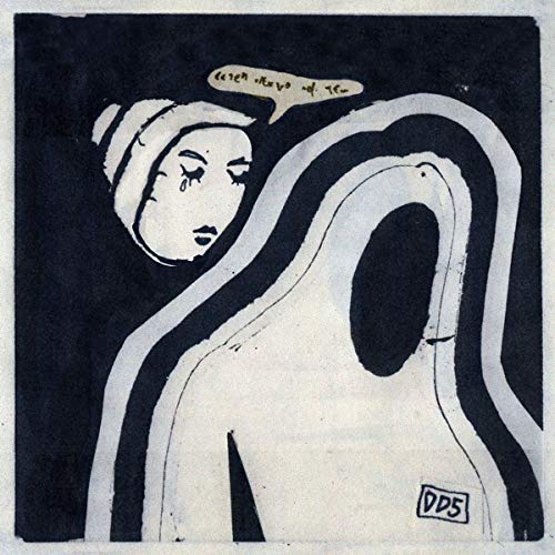Black and white illustration of a sad clown with wavy lines.