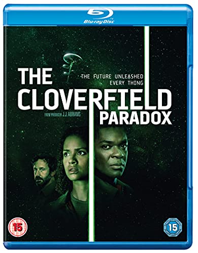 Blu-ray cover for The Cloverfield Paradox featuring three actors against a dark green background.