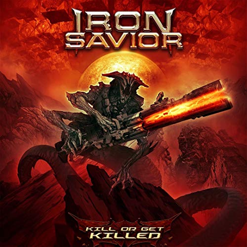 Iron Savior album cover: robotic figure with a gun, fiery background.