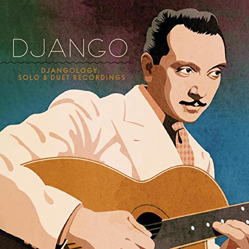 Portrait of Django Reinhardt with a guitar, CD cover art.