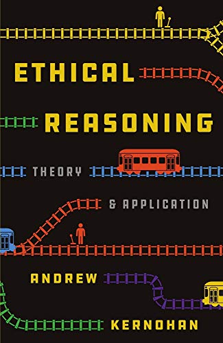 Book cover for “Ethical Reasoning” with pixelated train tracks and trains.