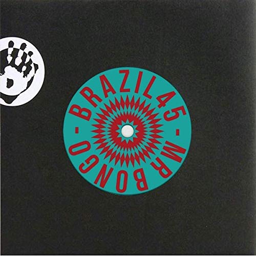 Black vinyl record cover with a teal and red circular design reading "Brazil 45".