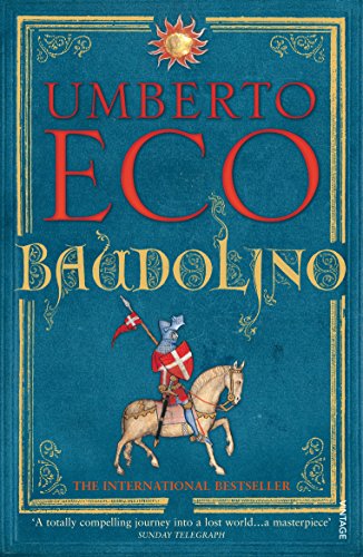 Book cover: āBaudolinoā by Umberto Eco, featuring a knight on horseback.