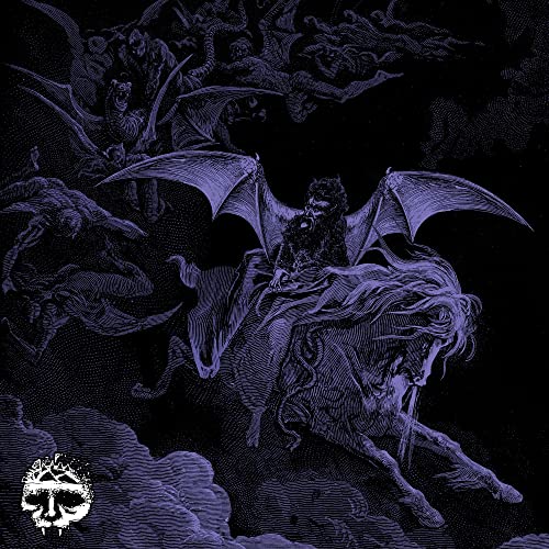 Dark engraving of a winged figure riding a monstrous creature.