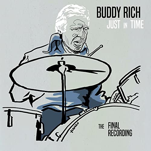 Album cover for Buddy Rich’s “Just In Time” featuring a drummer illustration.