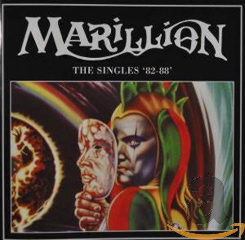 Album cover for Marillion The Singles '82-'88 featuring a jester holding a mask.