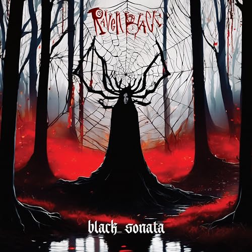 Dark forest scene with a shadowy, horned figure and red mist.