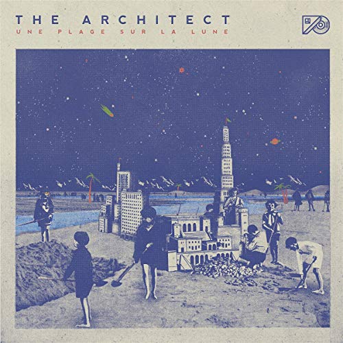 Album cover: surreal cityscape on a beach under a starry sky.