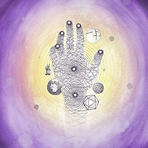 Abstract hand illustration with planets and geometric shapes on purple background.