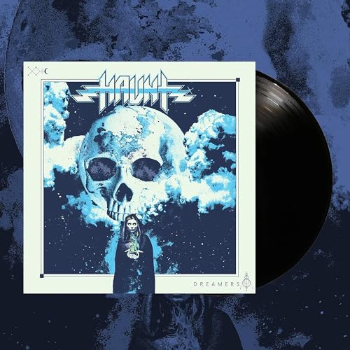 Haunt album cover featuring a skull and clouds, with a vinyl record.