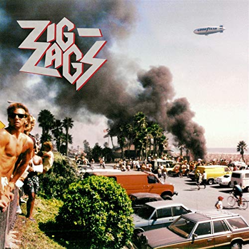 Album cover with burning landscape, crowd, and airship; "Zig Zags" text.