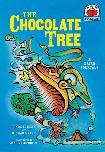 Book cover titled The Chocolate Tree featuring stylized Mayan-inspired art on a blue background.