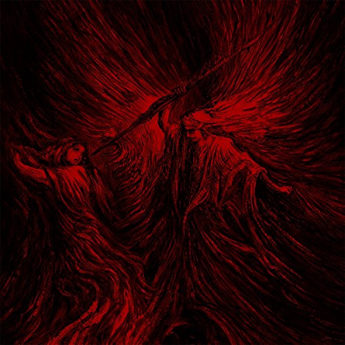 Red monochrome illustration of a cloaked figure and reclining person.