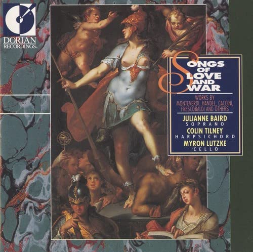 CD cover: armored woman with spear, cherubs, and text “Songs of Love and War.”