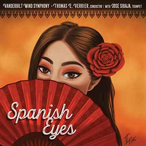 CD cover: woman with red fan, rose in hair, text “Spanish Eyes.”