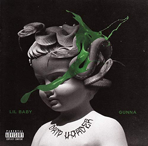 Album cover for Lil Baby and Gunna’s “Drip Harder” with statue and green liquid.
